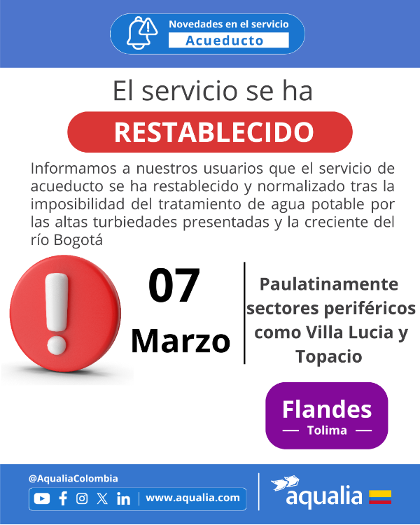 El servicio de acueducto se encuentra restablecido en Flandes